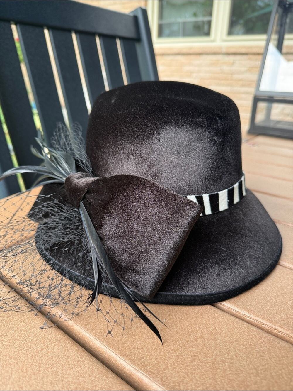 August Accessories Velvet Vintage Hat Black Velvet Feather Bow